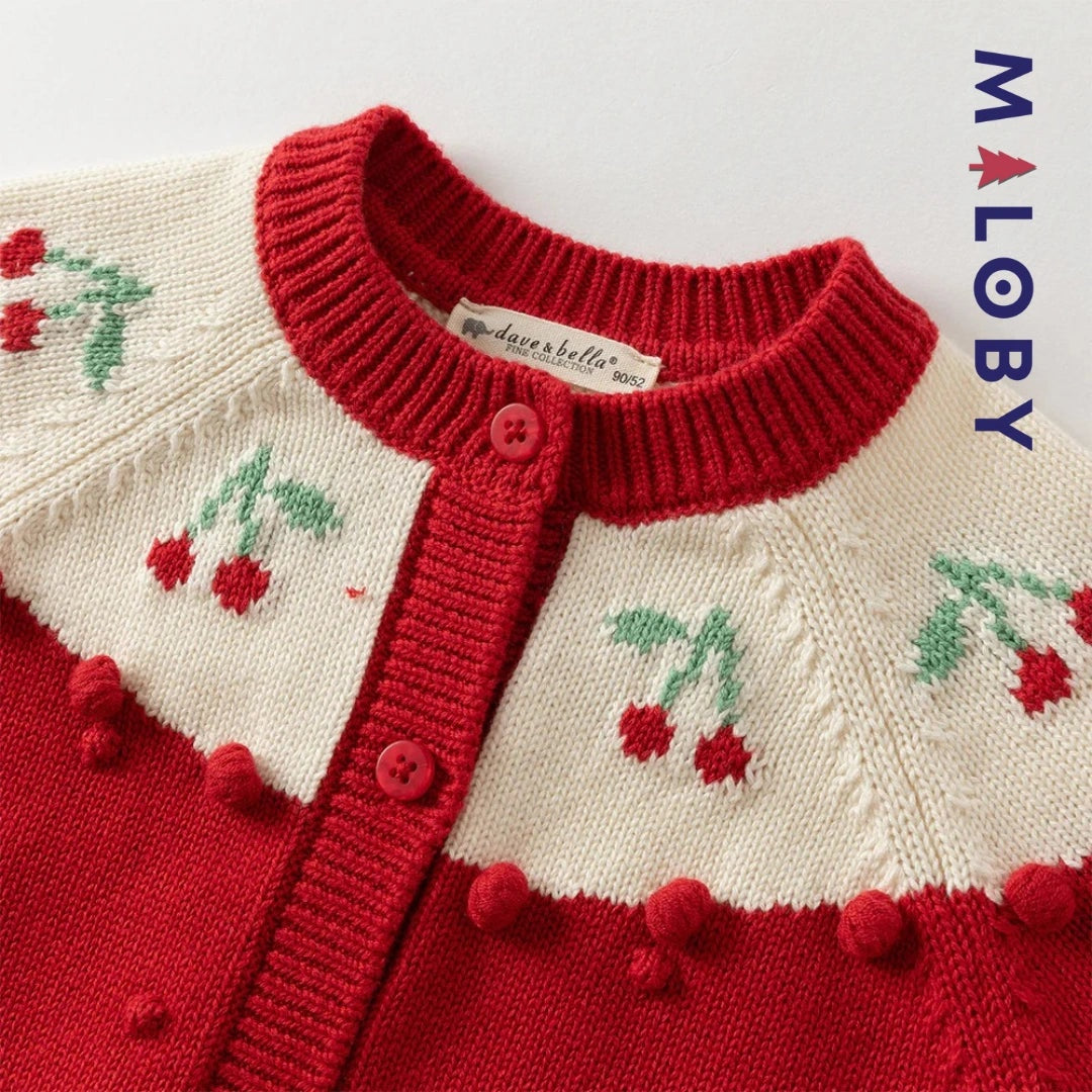 Cardigan jacquard rouge avec cerises pour filles, idéal pour les vêtements enfants.
