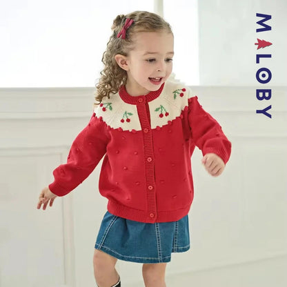 Cardigan jacquard rouge avec cerises pour filles, idéal pour les vêtements enfants.