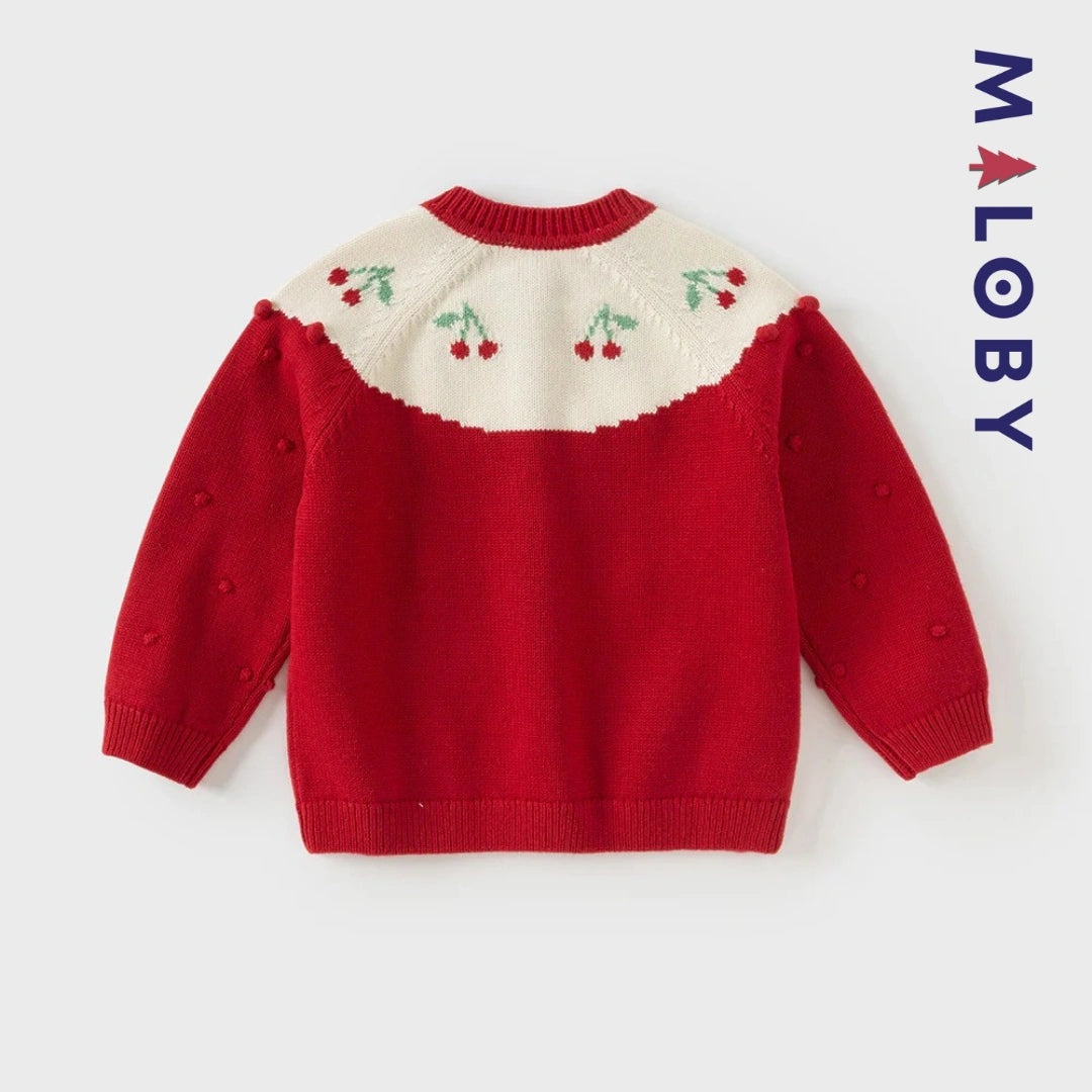 Cardigan jacquard rouge avec cerises pour filles, idéal pour les vêtements enfants.