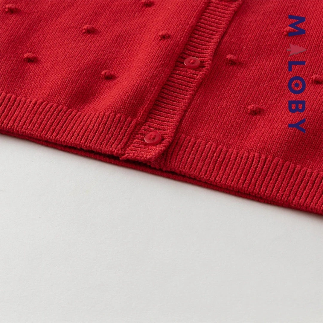 Cardigan jacquard rouge avec cerises pour filles, idéal pour les vêtements enfants.