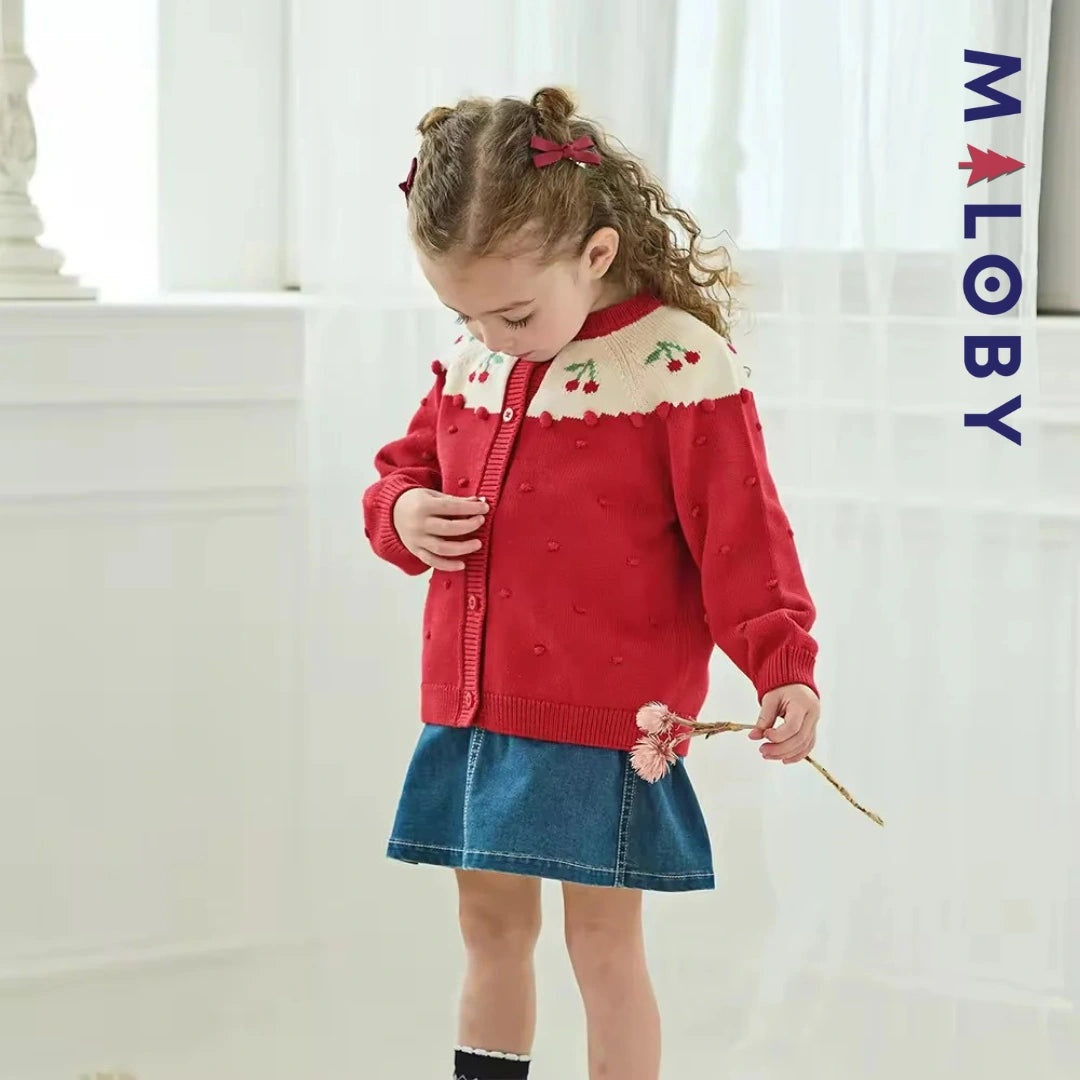 Cardigan jacquard rouge avec cerises pour filles, idéal pour les vêtements enfants.