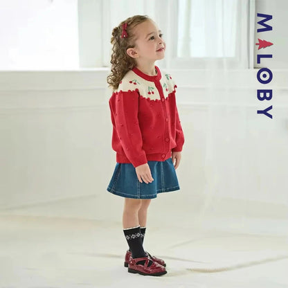 Cardigan jacquard rouge avec cerises pour filles, idéal pour les vêtements enfants.