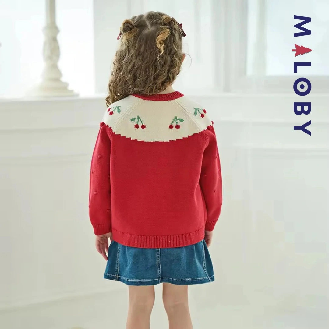 Cardigan jacquard rouge avec cerises pour filles, idéal pour les vêtements enfants.