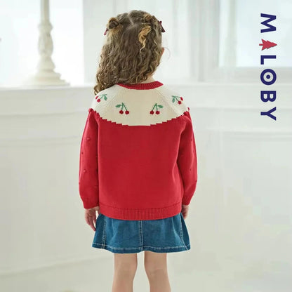 Cardigan jacquard rouge avec cerises pour filles, idéal pour les vêtements enfants.
