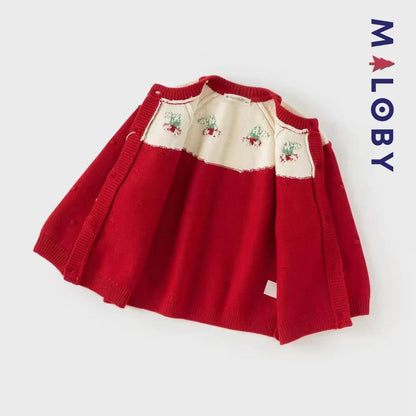 Cardigan jacquard rouge avec cerises pour filles, idéal pour les vêtements enfants.