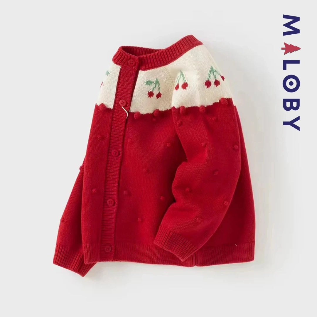 Cardigan jacquard rouge avec cerises pour filles, idéal pour les vêtements enfants.
