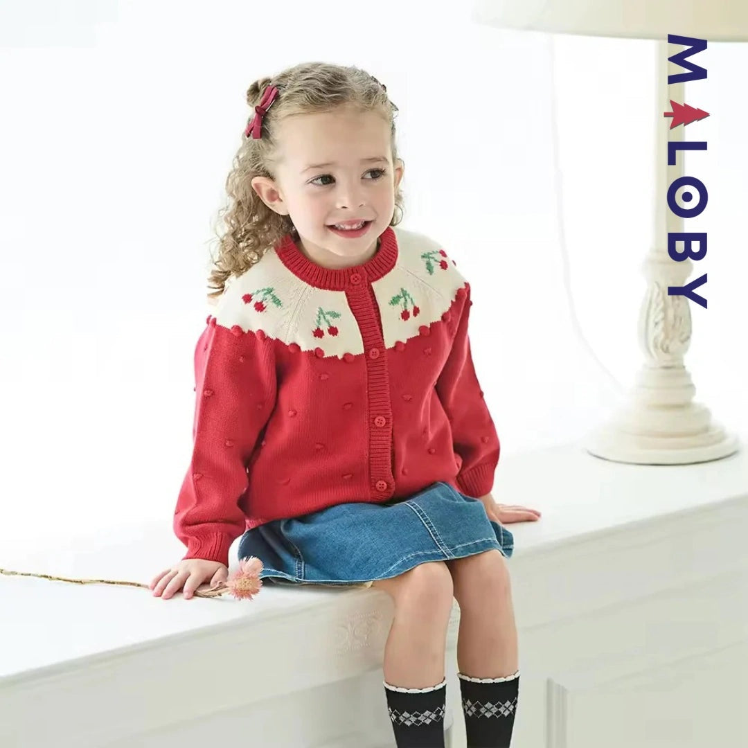 Cardigan jacquard rouge avec cerises pour filles, idéal pour les vêtements enfants.