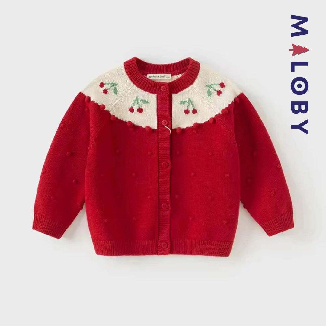 Cardigan jacquard rouge avec cerises pour filles, idéal pour les vêtements enfants.