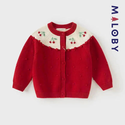 Cardigan jacquard rouge avec cerises pour filles, idéal pour les vêtements enfants.