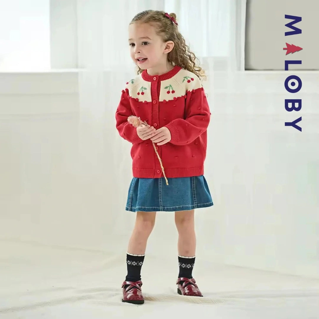 Cardigan jacquard rouge avec cerises pour filles, idéal pour les vêtements enfants.