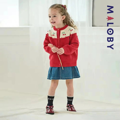 Cardigan jacquard rouge avec cerises pour filles, idéal pour les vêtements enfants.