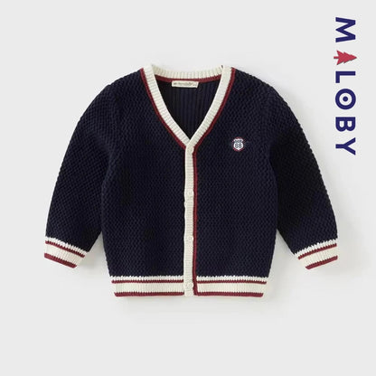 Cardigan en maille marine pour garçon, parfait pour les vêtements enfants au Maroc.
