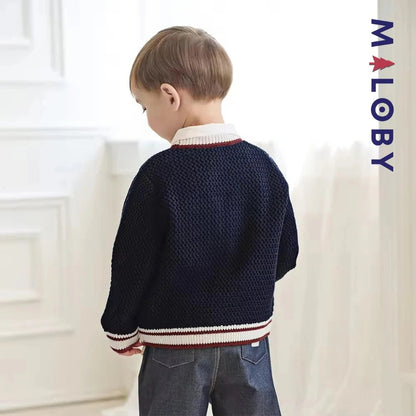Cardigan en maille marine pour garçon, parfait pour les vêtements enfants au Maroc.