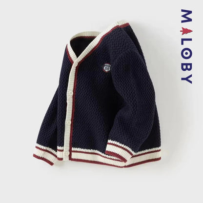 Cardigan en maille marine pour garçon, parfait pour les vêtements enfants au Maroc.