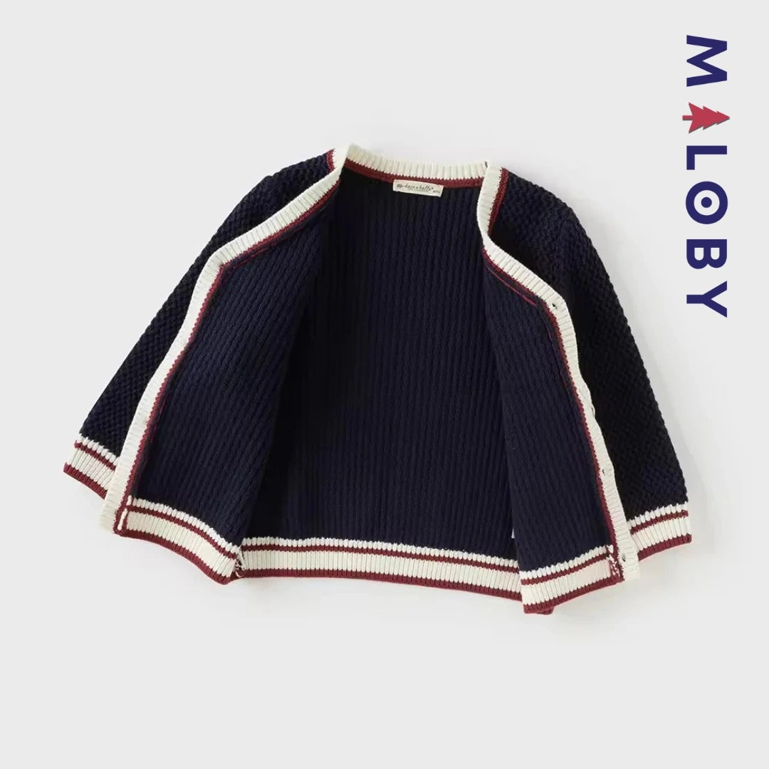 Cardigan en maille marine pour garçon, parfait pour les vêtements enfants au Maroc.