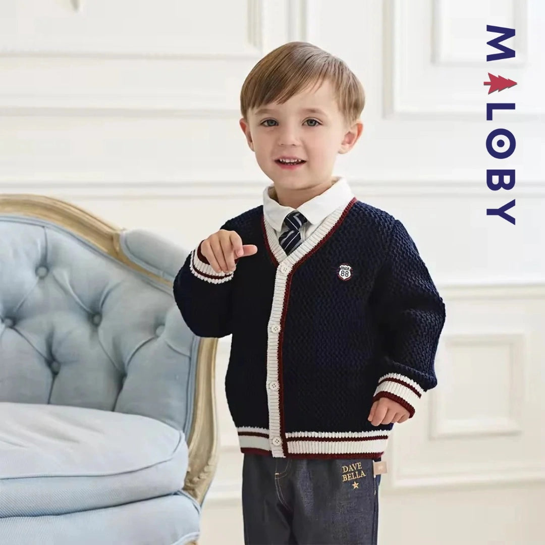 Cardigan en maille marine pour garçon, parfait pour les vêtements enfants au Maroc.