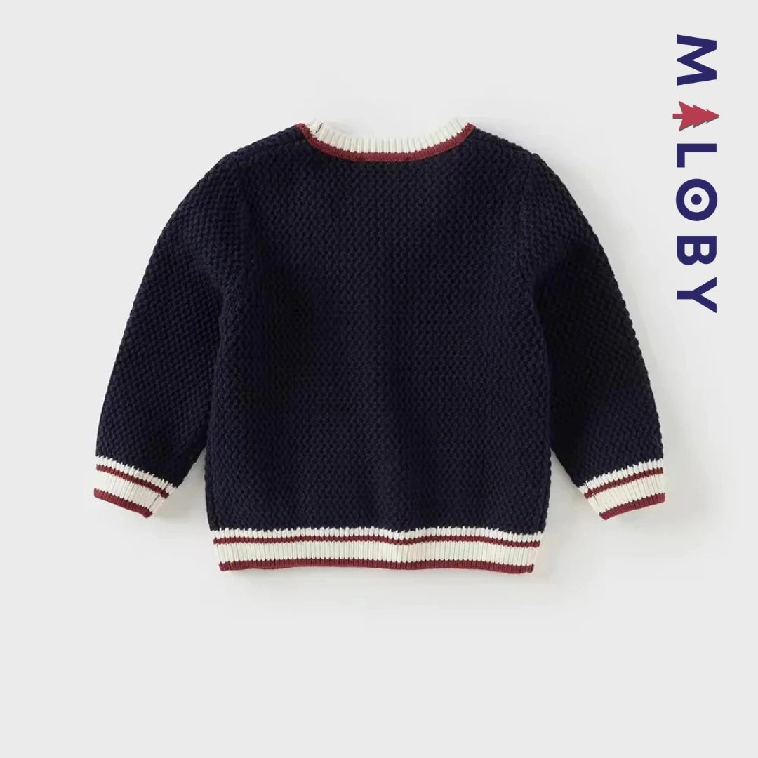 Cardigan en maille marine pour garçon, parfait pour les vêtements enfants au Maroc.