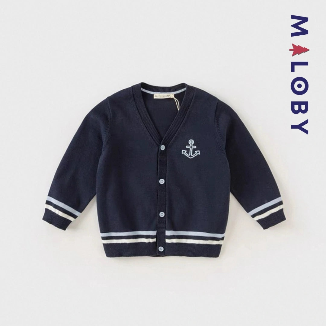 Cardigan en maille marine pour garçon, idéal pour les vêtements enfants et les anniversaires.