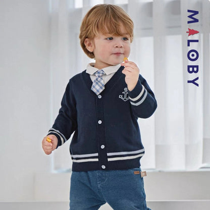 Cardigan en maille marine pour garçon, idéal pour les vêtements enfants et les anniversaires.