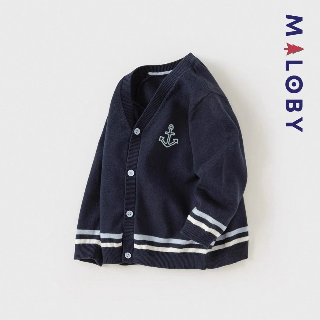 Cardigan en maille marine pour garçon, idéal pour les vêtements enfants et les anniversaires.