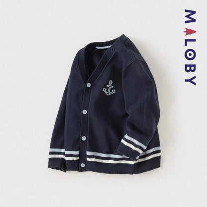 Cardigan en maille marine pour garçon, idéal pour les vêtements enfants et les anniversaires.