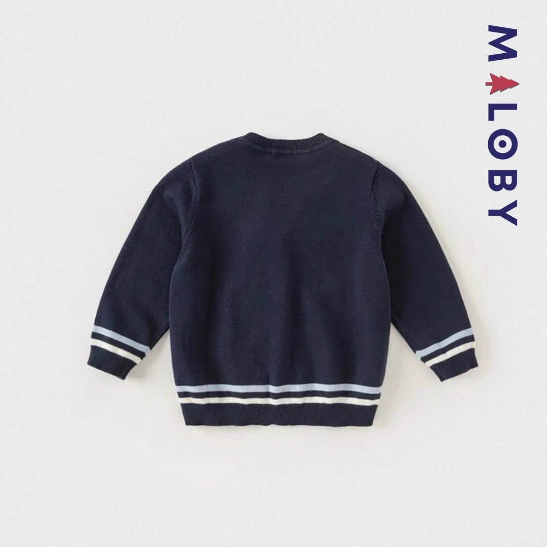 Cardigan en maille marine pour garçon, idéal pour les vêtements enfants et les anniversaires.