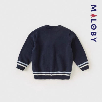 Cardigan en maille marine pour garçon, idéal pour les vêtements enfants et les anniversaires.