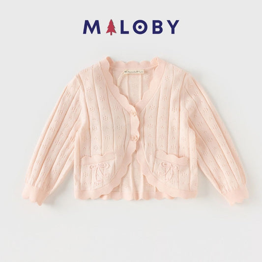 Cardigan en maille pointelle corail pour fille, parfait pour les vêtements enfants.
