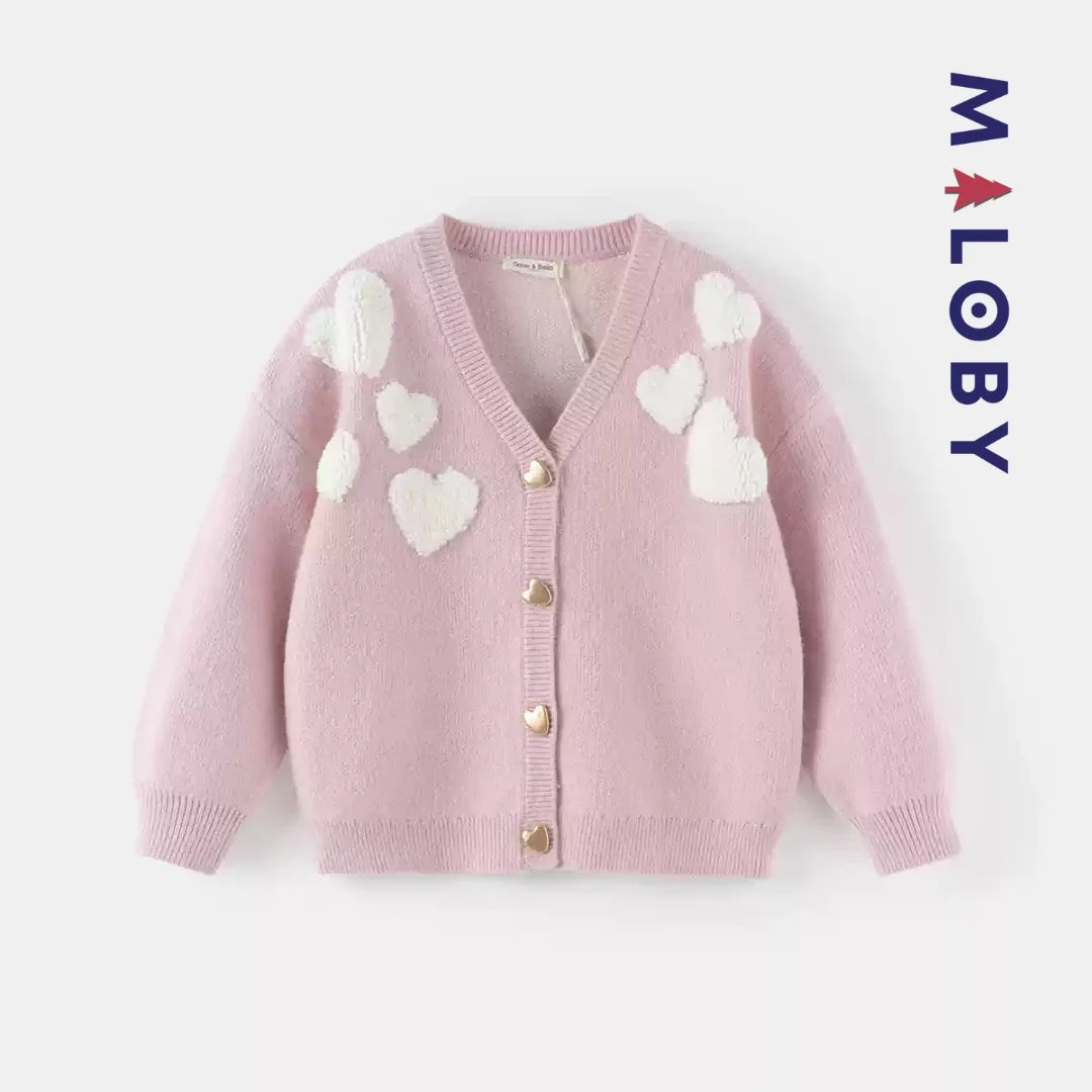 Cardigan mauve motifs cœurs irisés pour fille, idéal pour les vêtements d'enfants au Maroc.