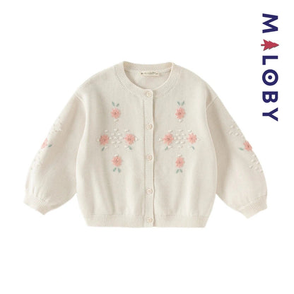 Cardigan en pur coton beige brodé pour fille, parfait pour les vêtements d'anniversaire.