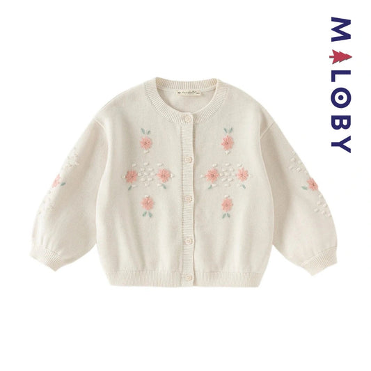 Cardigan en pur coton beige brodé pour fille, parfait pour les vêtements d'anniversaire.