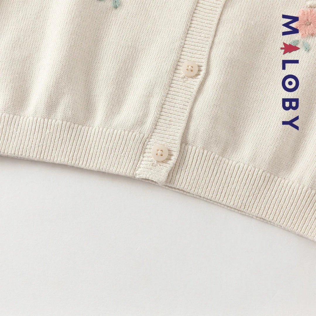 Cardigan en pur coton beige brodé pour fille, parfait pour les vêtements d'anniversaire.