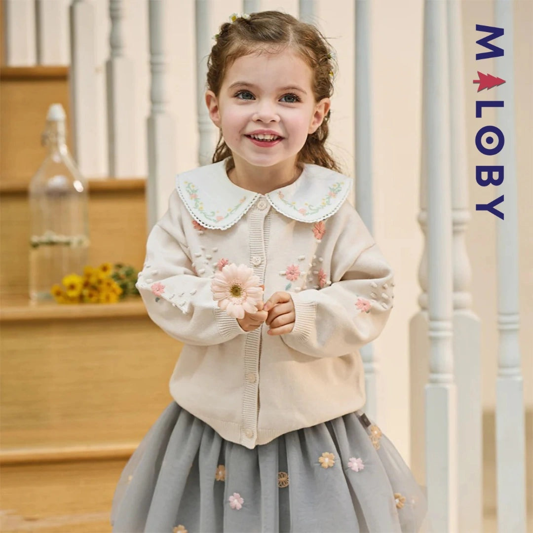 Cardigan en pur coton beige brodé pour fille, parfait pour les vêtements d'anniversaire.