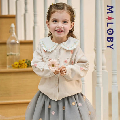Cardigan en pur coton beige brodé pour fille, parfait pour les vêtements d'anniversaire.