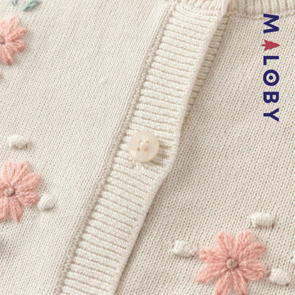 Cardigan en pur coton beige brodé pour fille, parfait pour les vêtements d'anniversaire.