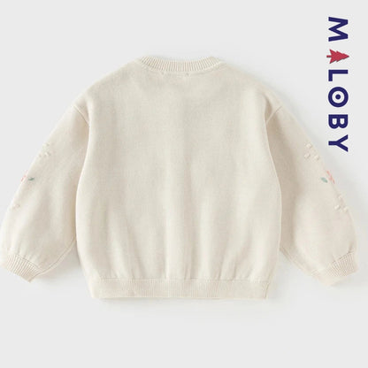 Cardigan en pur coton beige brodé pour fille, parfait pour les vêtements d'anniversaire.