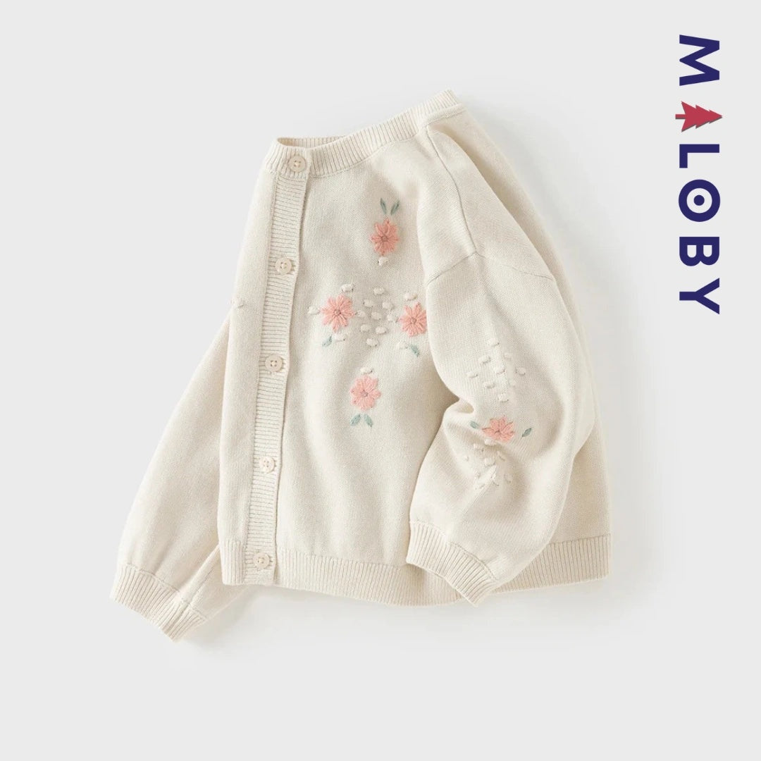 Cardigan en pur coton beige brodé pour fille, parfait pour les vêtements d'anniversaire.