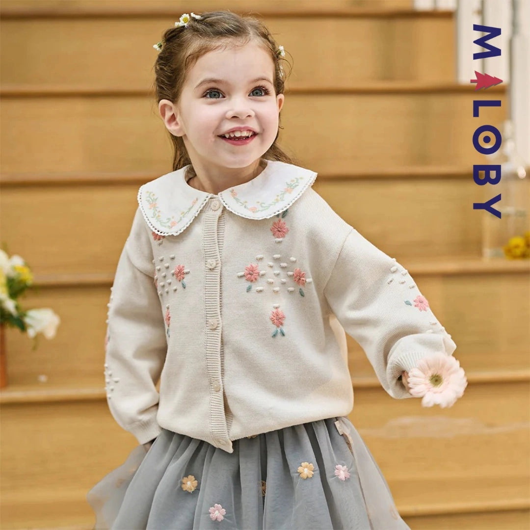 Cardigan en pur coton beige brodé pour fille, parfait pour les vêtements d'anniversaire.
