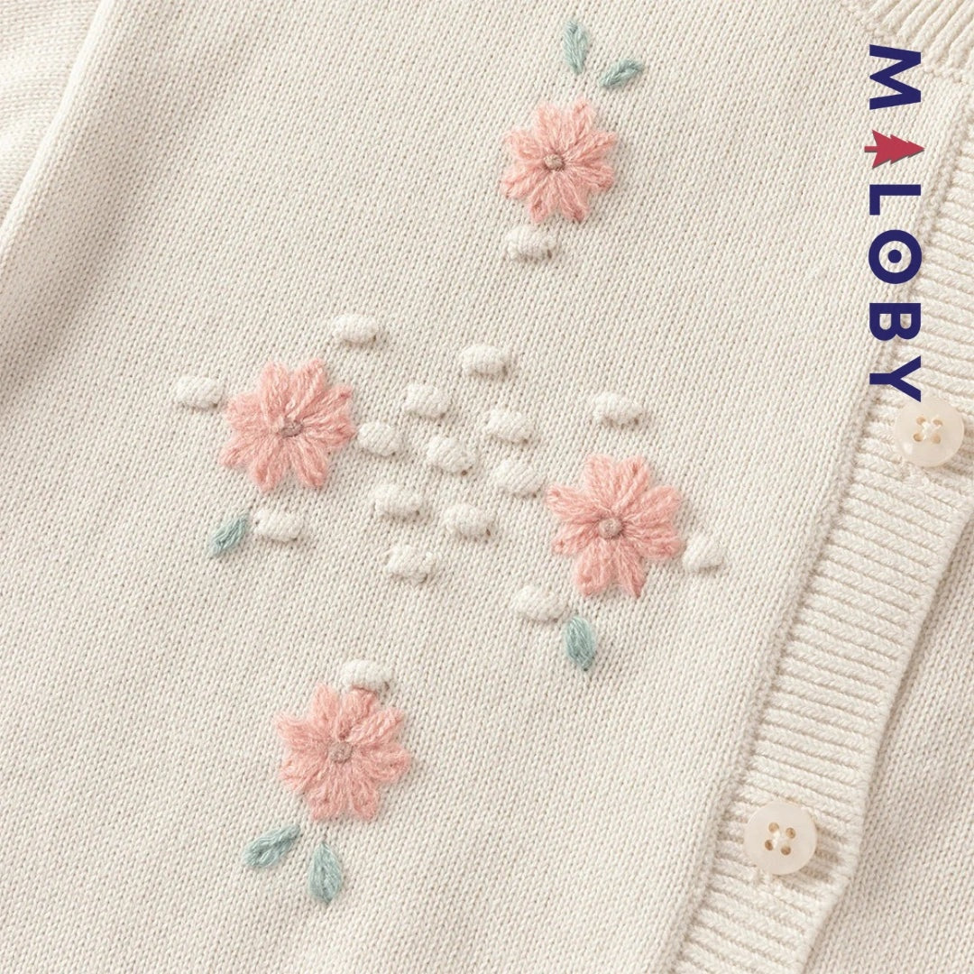 Cardigan en pur coton beige brodé pour fille, parfait pour les vêtements d'anniversaire.