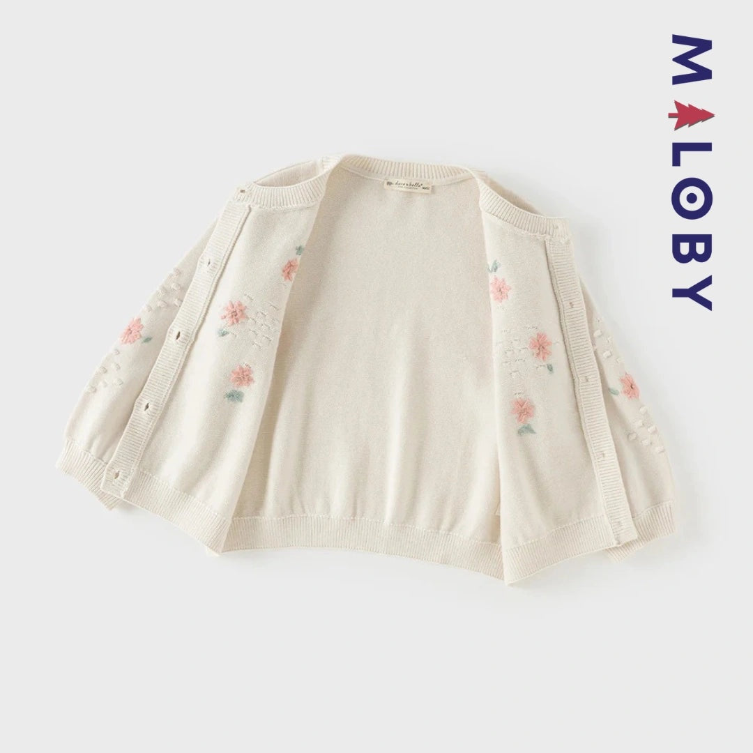 Cardigan en pur coton beige brodé pour fille, parfait pour les vêtements d'anniversaire.