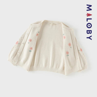 Cardigan en pur coton beige brodé pour fille, parfait pour les vêtements d'anniversaire.