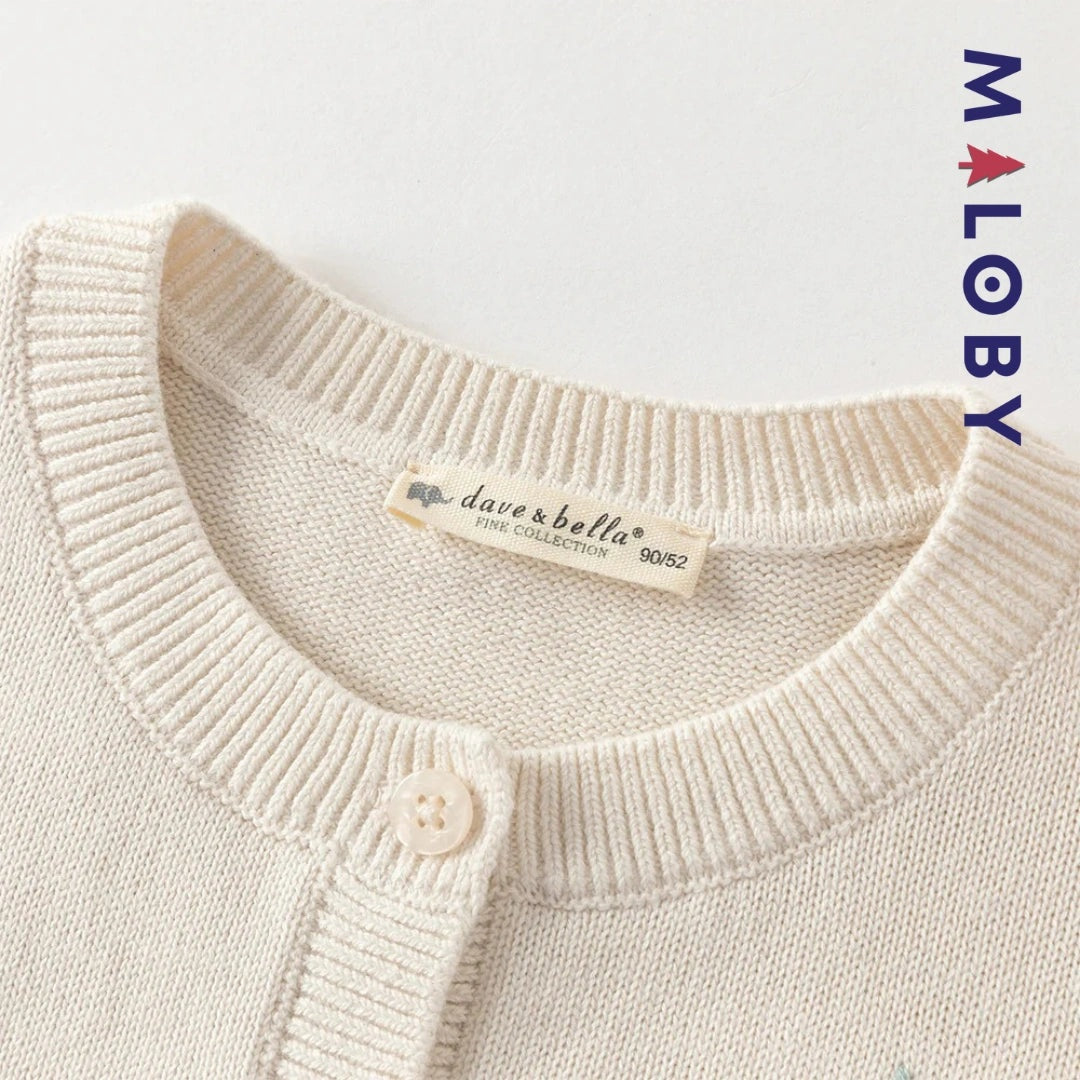 Cardigan en pur coton beige brodé pour fille, parfait pour les vêtements d'anniversaire.