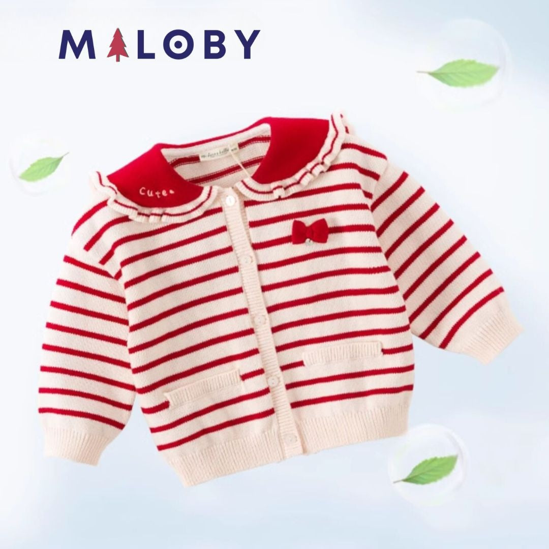 Cardigan rayé rouge pour fille, parfait pour les vêtements enfants au Maroc.