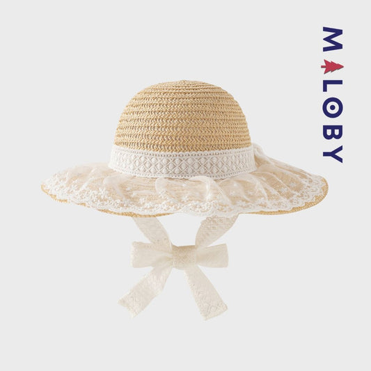 Chapeau en paille beige avec ruban dentelle pour enfant fille, parfait pour les anniversaires.