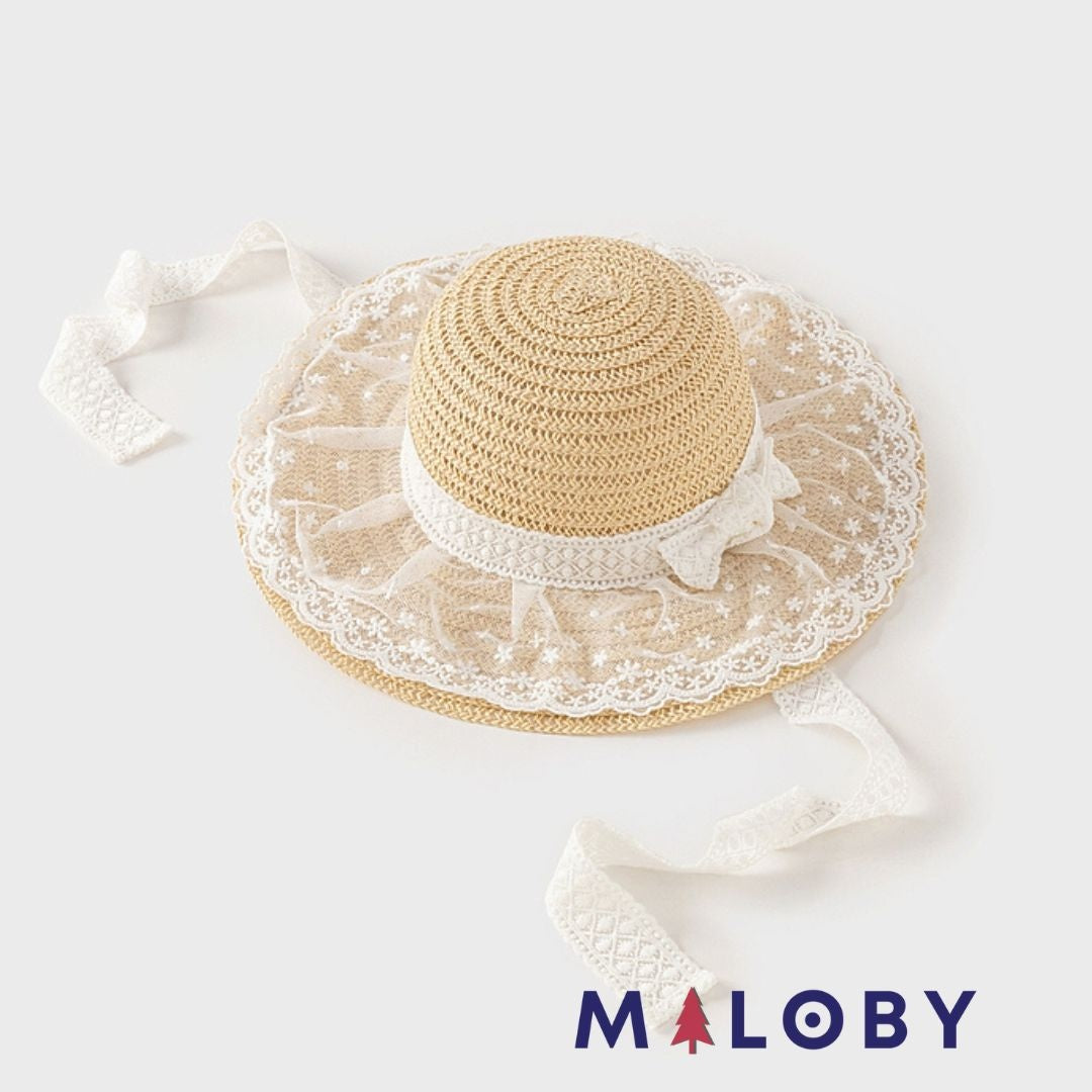 Chapeau en paille beige avec ruban dentelle pour enfant fille, parfait pour les anniversaires.
