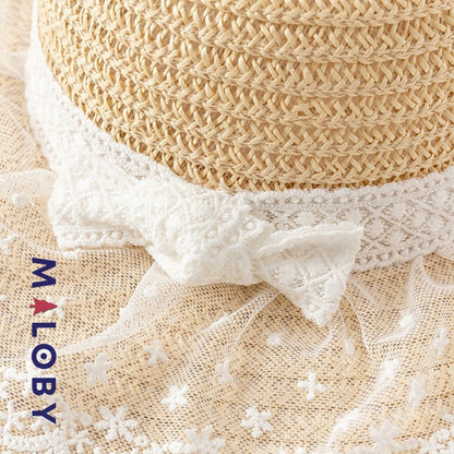 Chapeau en paille beige avec ruban dentelle pour enfant fille, parfait pour les anniversaires.