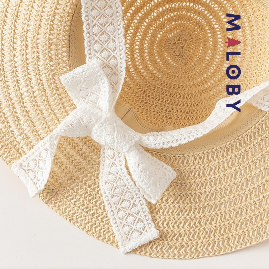 Chapeau en paille beige avec ruban dentelle pour enfant fille, parfait pour les anniversaires.