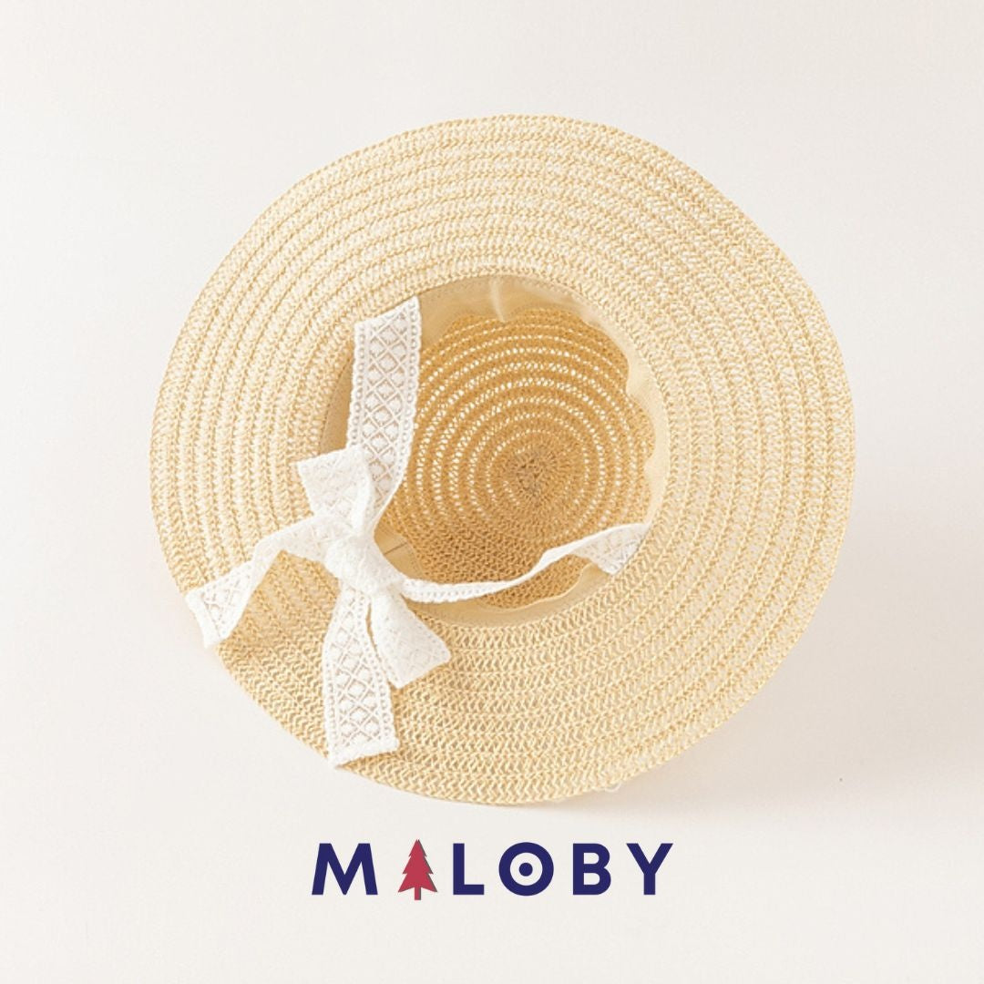 Chapeau en paille beige avec ruban dentelle pour enfant fille, parfait pour les anniversaires.