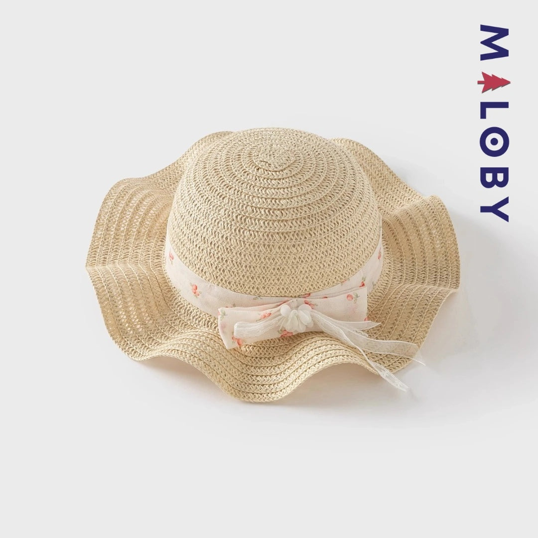 Chapeau en paille beige avec ruban floral pour enfant fille, parfait pour les anniversaires.
