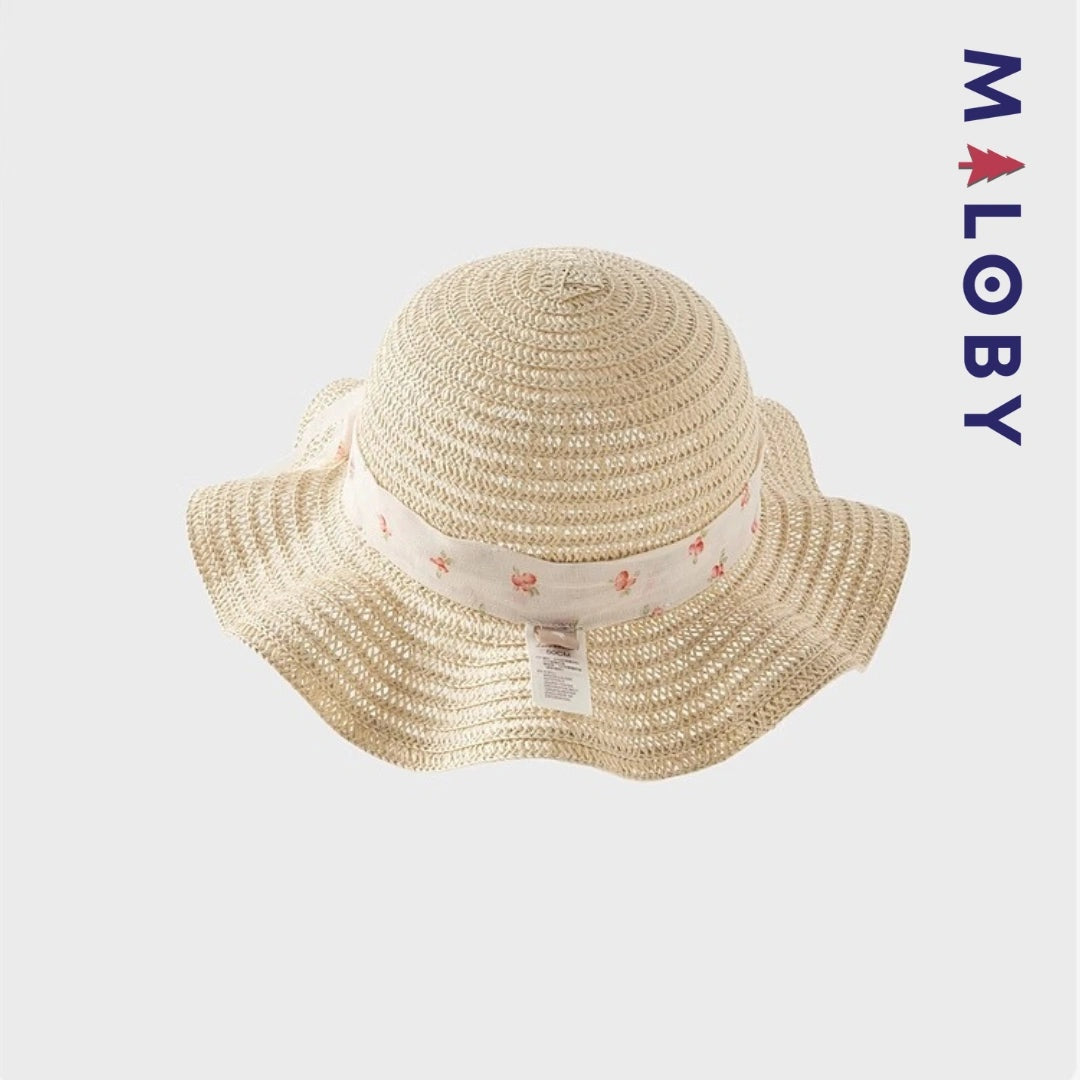 Chapeau en paille beige avec ruban floral pour enfant fille, parfait pour les anniversaires.